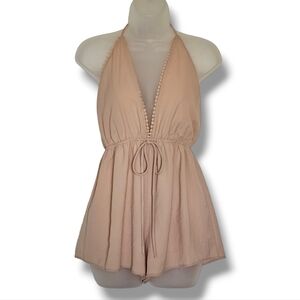 Audrey Deep V-Neck Halter Top Open Back Romper Size S Neutral Nude Beige Peach